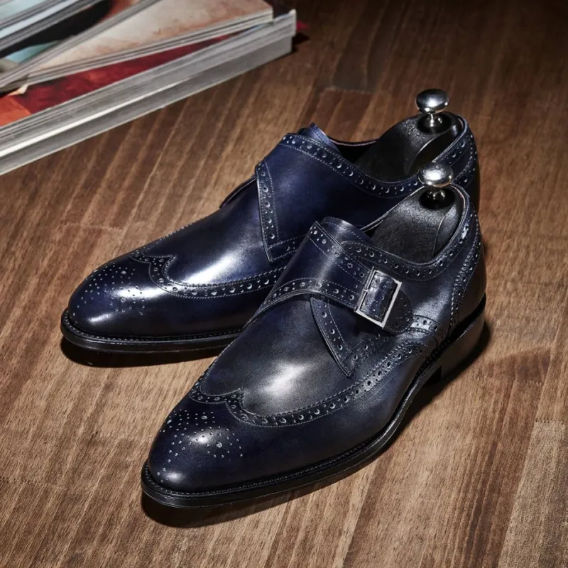 Indigo Blue Leather Rurrena Brogue Wingtip Monk Strap Shoes sold by Costoso Italiano