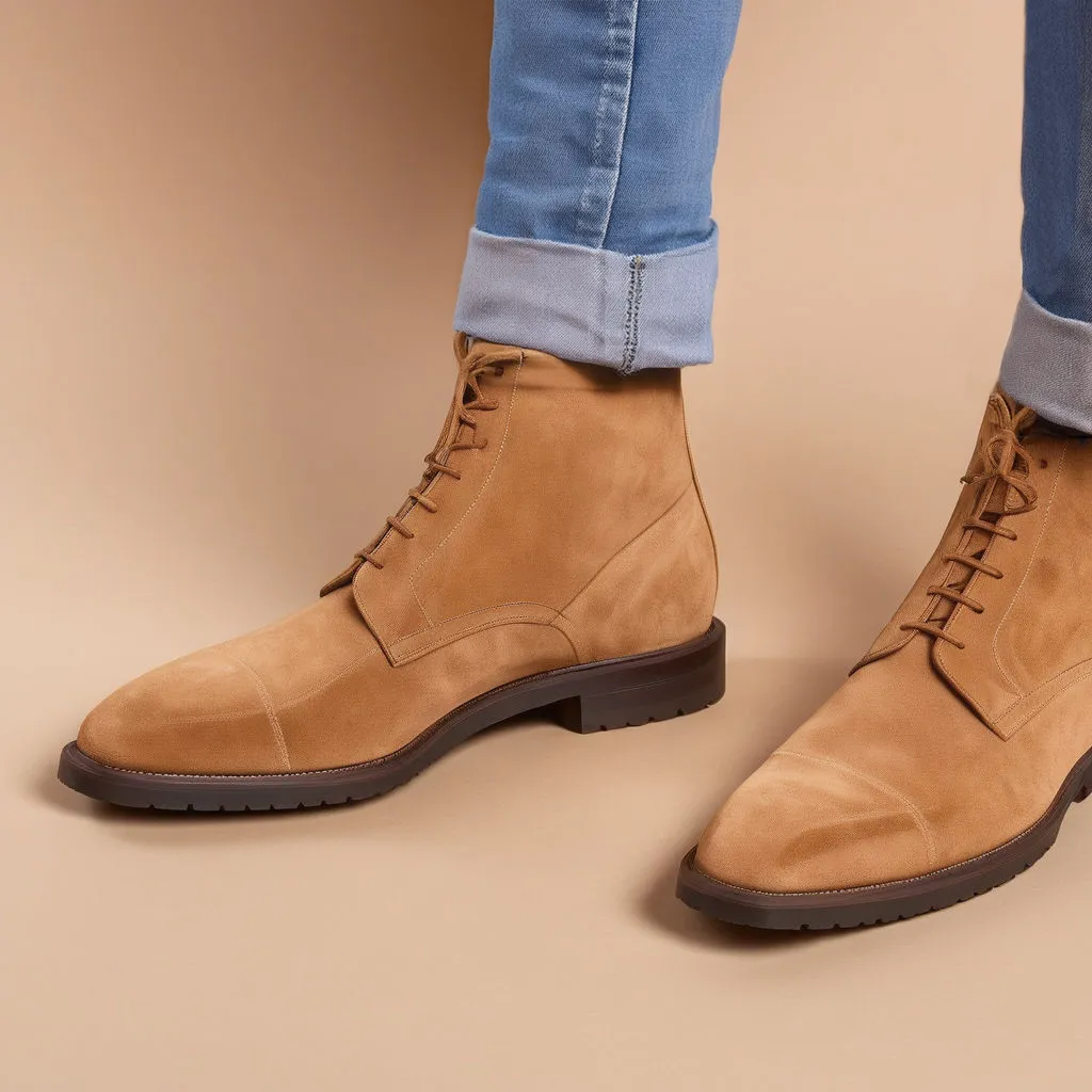 Tan Suede Leather Likech Lace Up Combat Boots -AW24 sold by Costoso Italiano