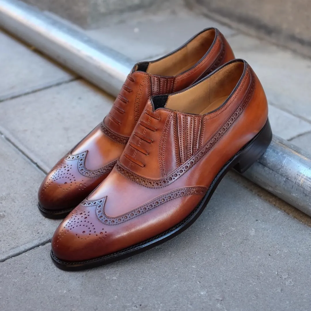 Height Increasing Tan Leather Guadix Brogue Oxfords - Formal Shoes sold by Costoso Italiano