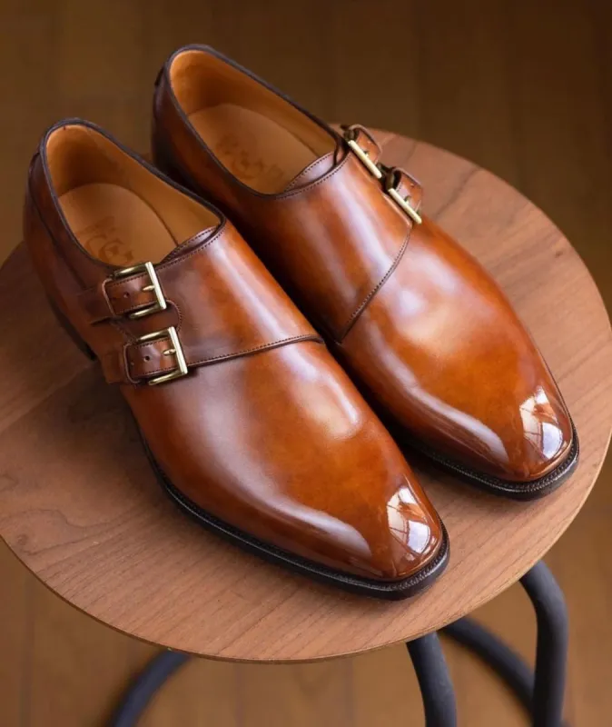 Tan Leather Granada Toe Cap Double Monk Straps - AW24 sold by Costoso Italiano