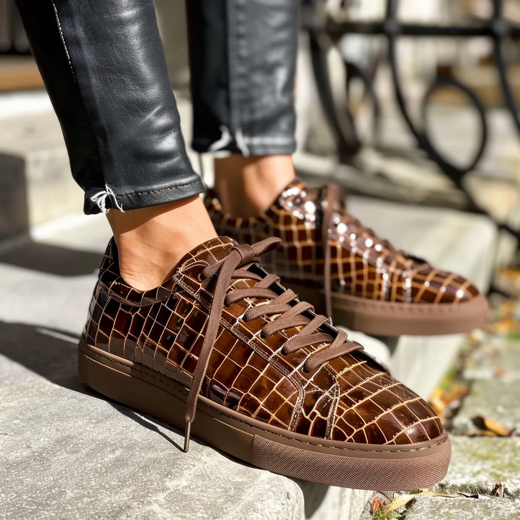 Brown Croc Print Leather Pacifico Lace Up Sneakers sold by Costoso Italiano