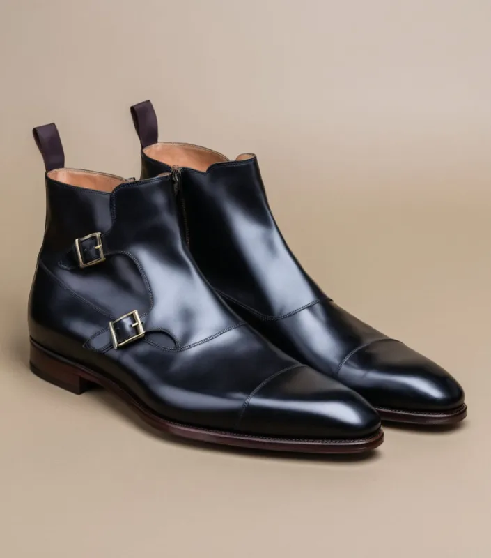 Black Leather  Bordeaux Zipper Monk Strap Boots sold by Costoso Italiano
