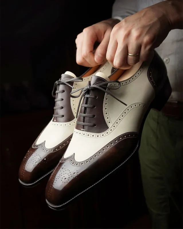 Brown and White Leather Evadne Brogue Wingtip Spectator Oxfords - Formal Shoes - Summer 2024 Collection sold by Costoso Italiano