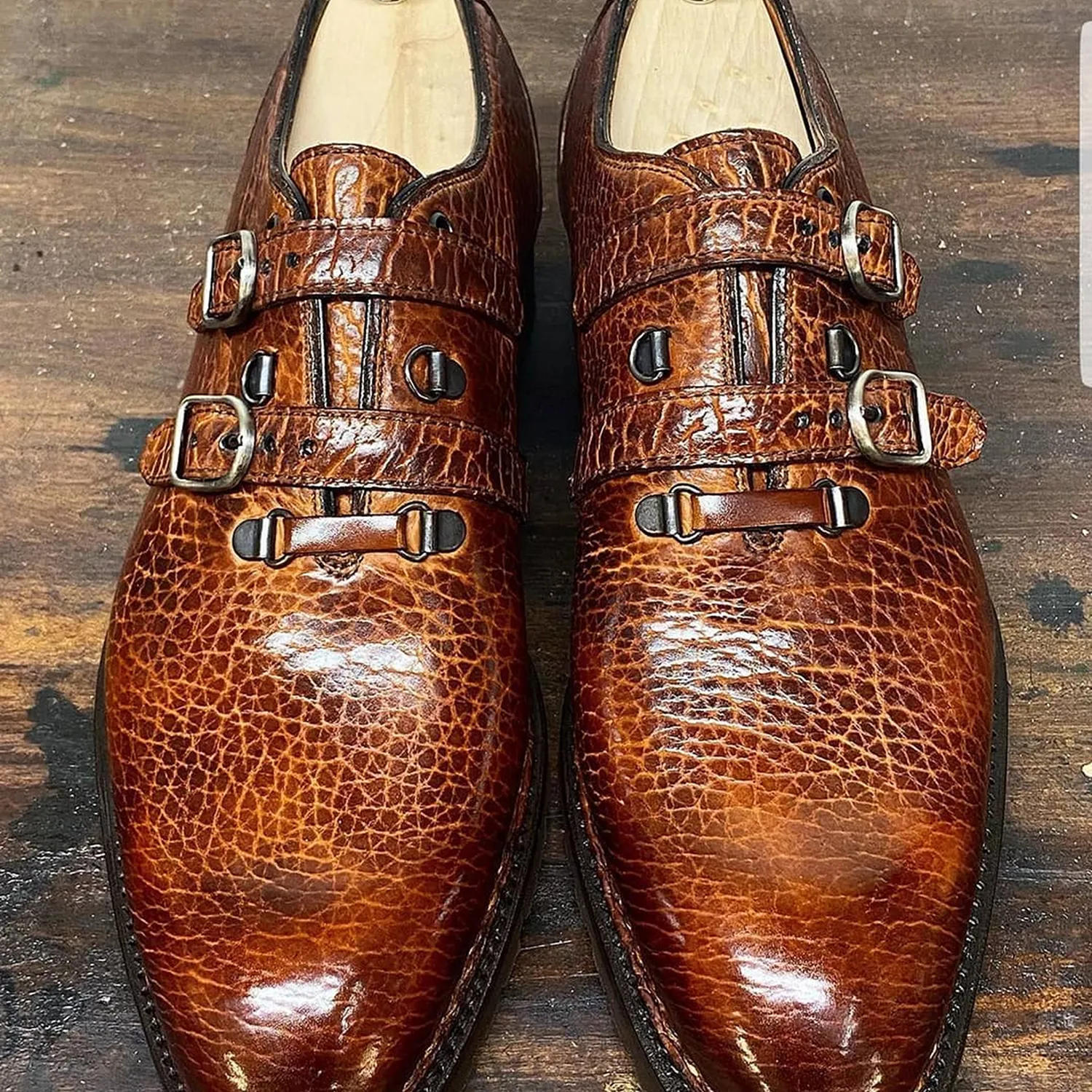 Tan Textured Leather Sofia Double Monk Straps sold by Costoso Italiano