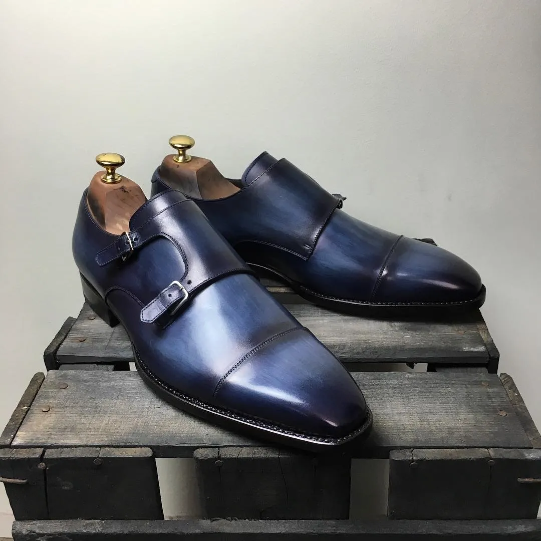 Height Increasing Navy Blue Leather Barcelos Monk Straps sold by Costoso Italiano