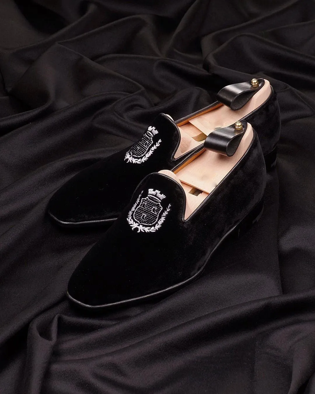 Black Velvet Shield Embroidered Loafers sold by Costoso Italiano