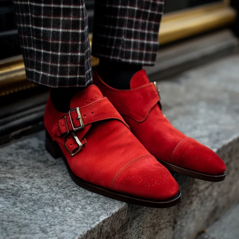 Red Suede Leather Penitente Slip-On Monk Straps sold by Costoso Italiano