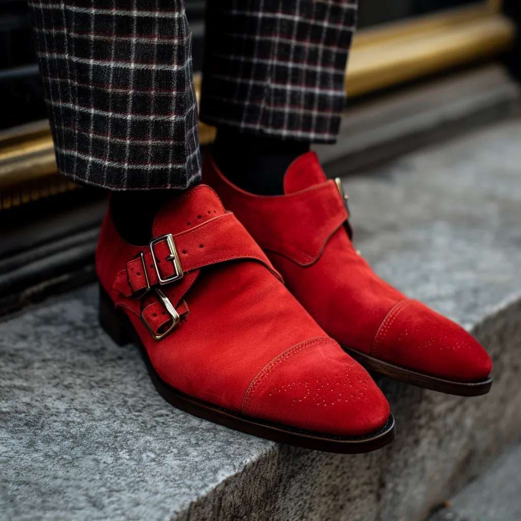 Red Suede Leather Penitente Slip-On Monk Straps sold by Costoso Italiano
