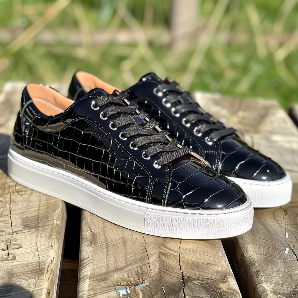 Black Croc Print Leather Norberto Lace Up With White Sole Sneakers sold by Costoso Italiano