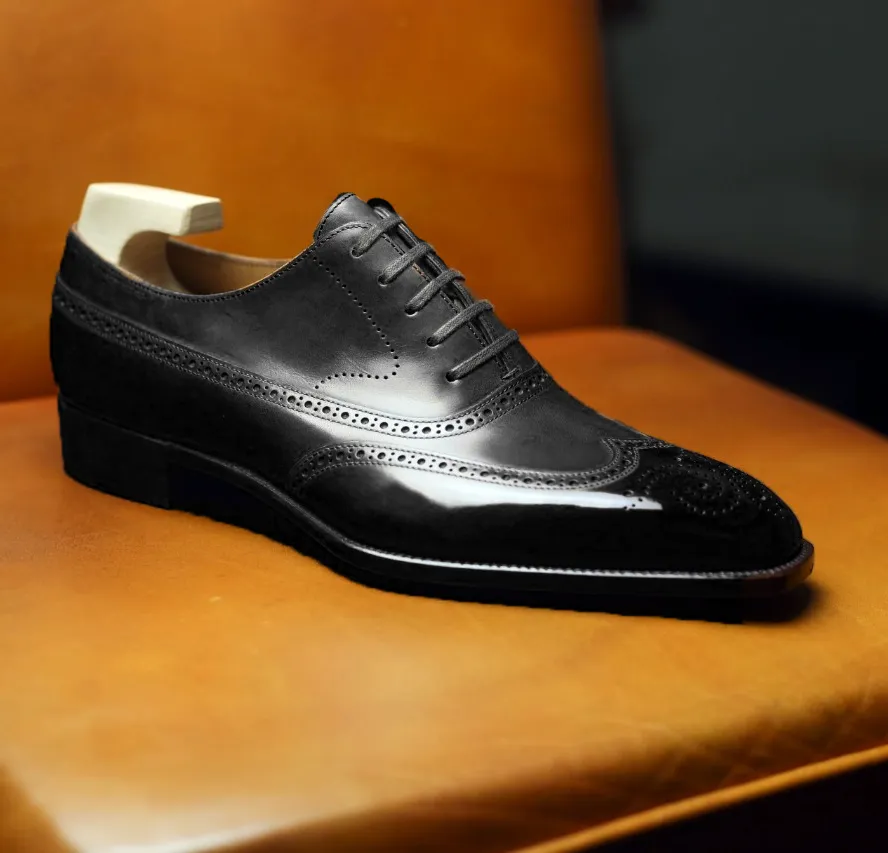 Height Increasing Black Leather Cedara Brogue Wingtip Oxfords - Formal Shoes sold by Costoso Italiano