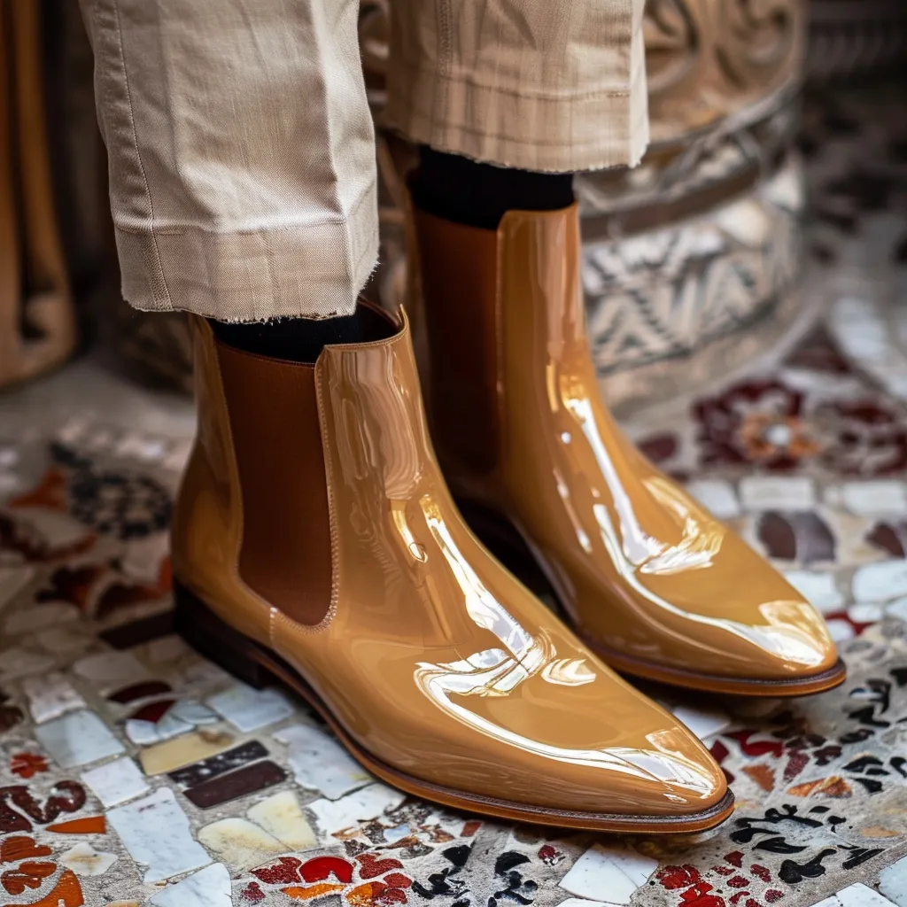 Tan Patent Leather Berto Slip On Pointed Chelsea Boots sold by Costoso Italiano