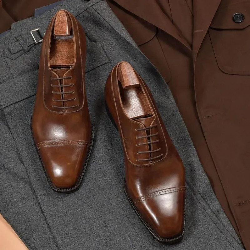 Brown Leather Zamora Brogue Toe Cap Oxford Shoes - AW24 sold by Costoso Italiano