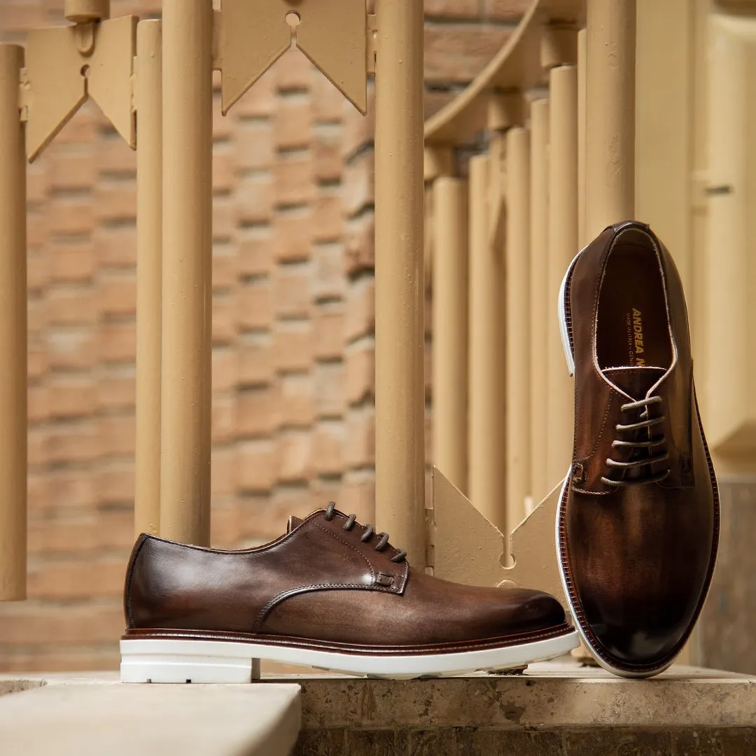 Brown Leather Caracas Brogue Derby Shoes with White Leather Sole - Summer 2024 Collection sold by Costoso Italiano