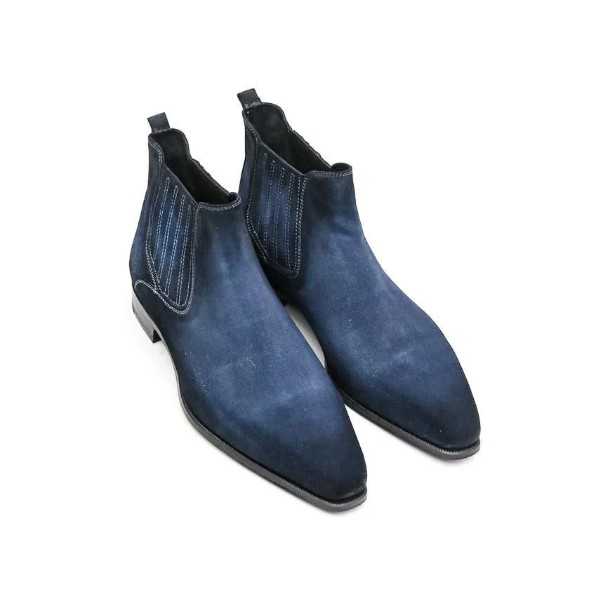 Flat Feet Shoes - Goodyear Welted Cadaval Denim Blue Suede Chelsea Boot with Violin Leather Sole with Arch Support sold by Costoso Italiano