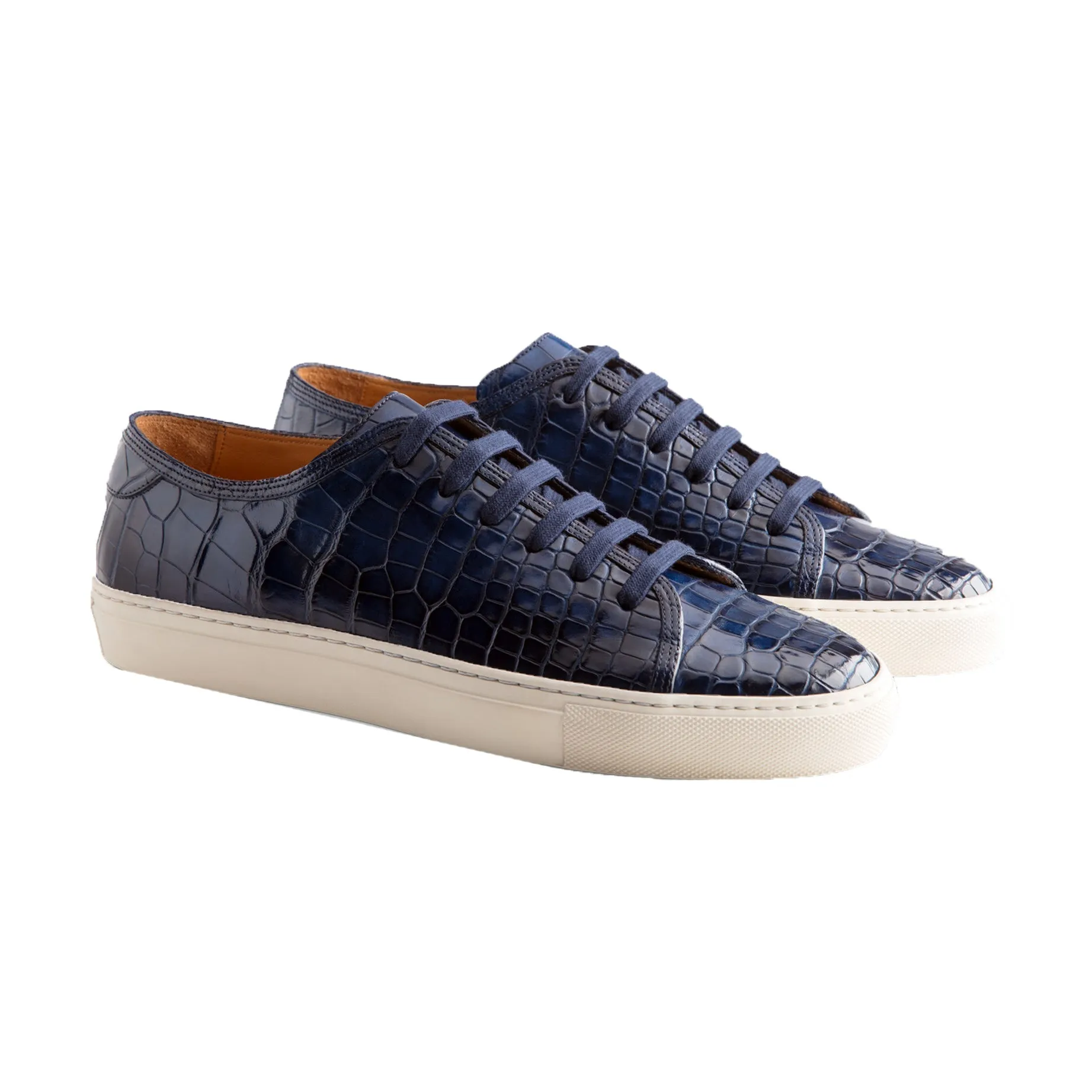 Height Increasing Navy Blue Croc Print Leather Cornella Lace Up Sneakers sold by Costoso Italiano