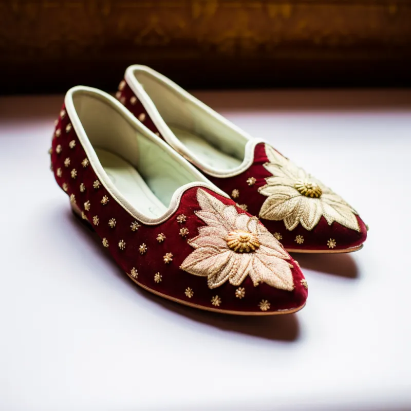 Red Velvet Hand Work Zardozi Peshawari Loafers | Wedding Shoes for Groom | Shoes for Haldi Mehendi Sangeet sold by Costoso Italiano