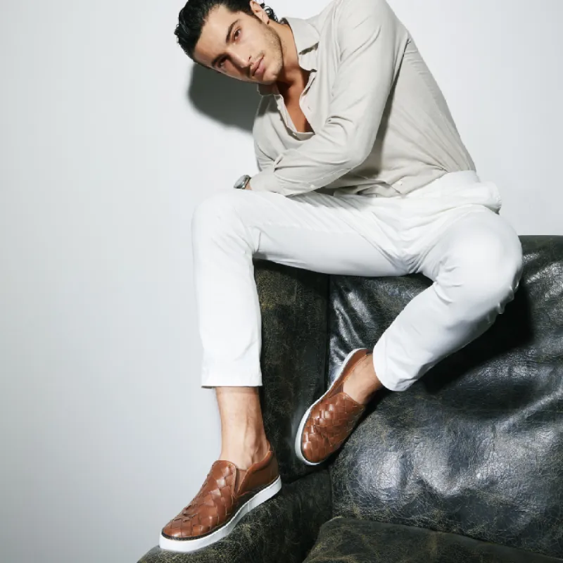 Tan Braided Leather Rhea Slip On Sneakers with White Soles - Summer 2024 Collection sold by Costoso Italiano