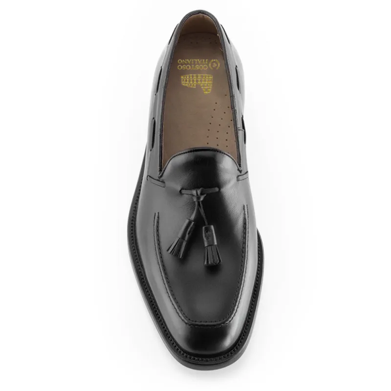 Height Increasing Black Leather Stanley Tassel Loafers sold by Costoso Italiano