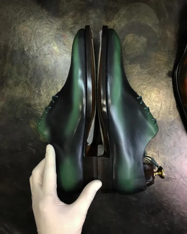 Height Increasing Green Leather Eglisau Whole Cut Oxfords - Formal Shoes sold by Costoso Italiano