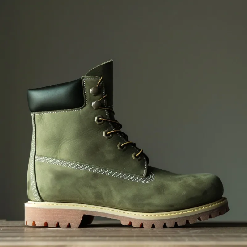 Green Leather Amico Ankle Rugged Lace Up Combat Hiking Boots with Chunky Track Sole sold by Costoso Italiano