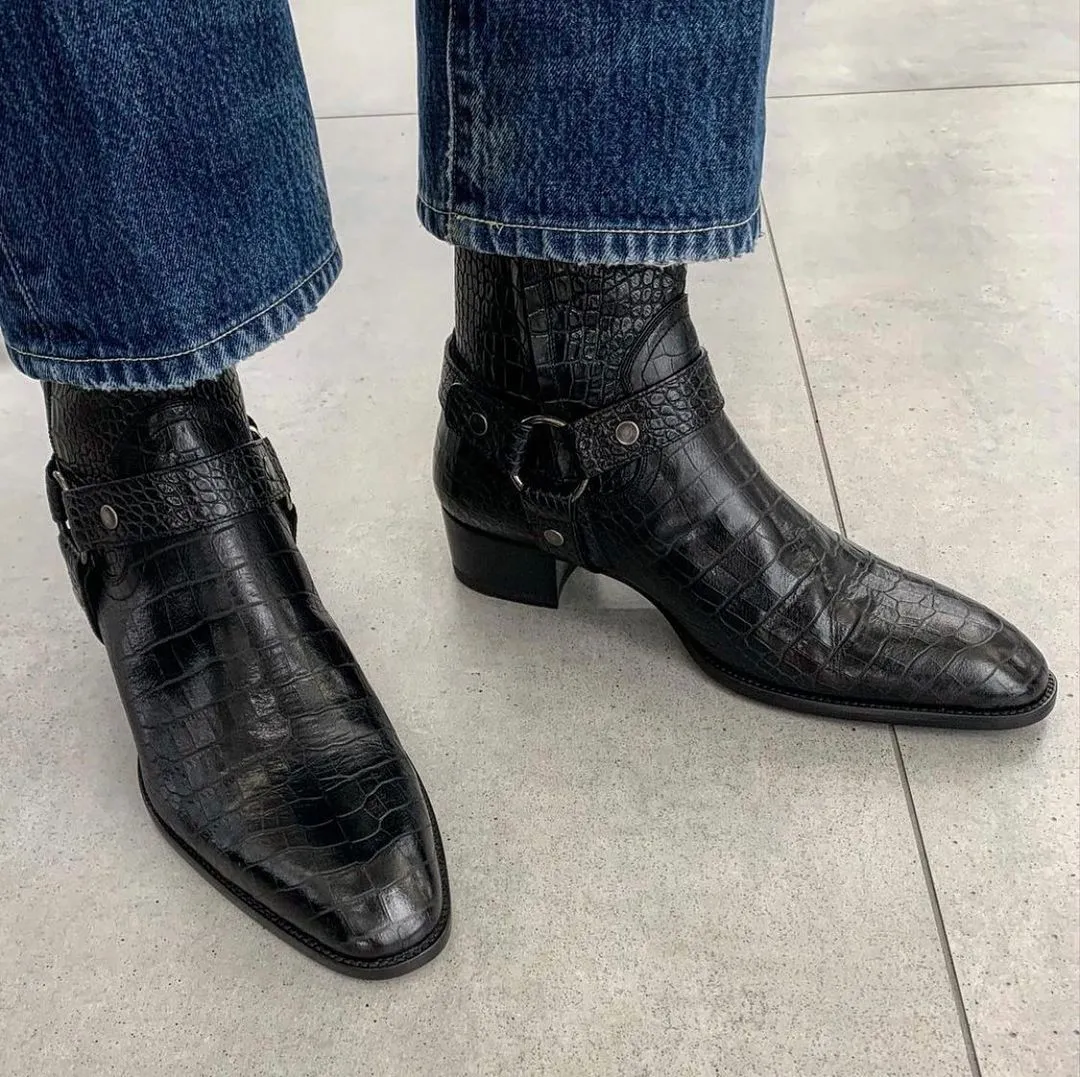 Black Crocodile Print Leather Ravien Harness Chelsea Boots - Cowboy Edition sold by Costoso Italiano