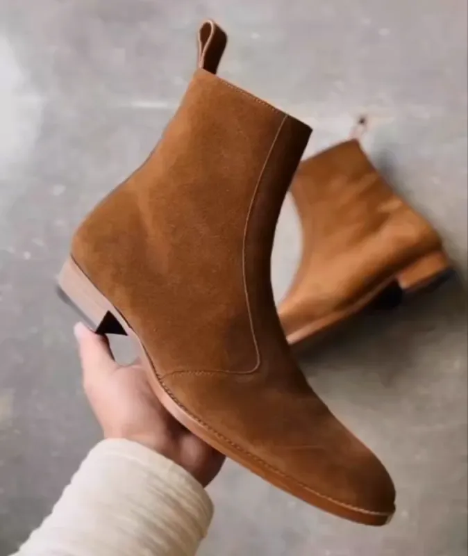 Height Increasing Tan Suede Valkyrie Slip On Zipper Boots - AW24 sold by Costoso Italiano