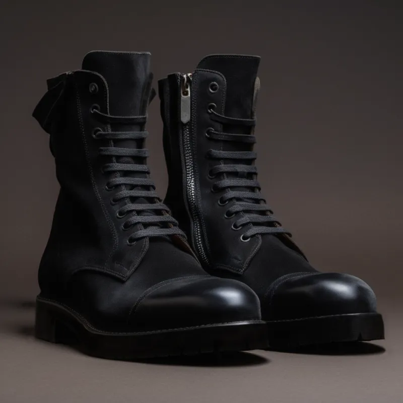 Black Suede Leather Oriella Lace Up Chunky Derby Boots with Zipper and Track Sole - AW24 - Hiking and Trekking Boots sold by Costoso Italiano