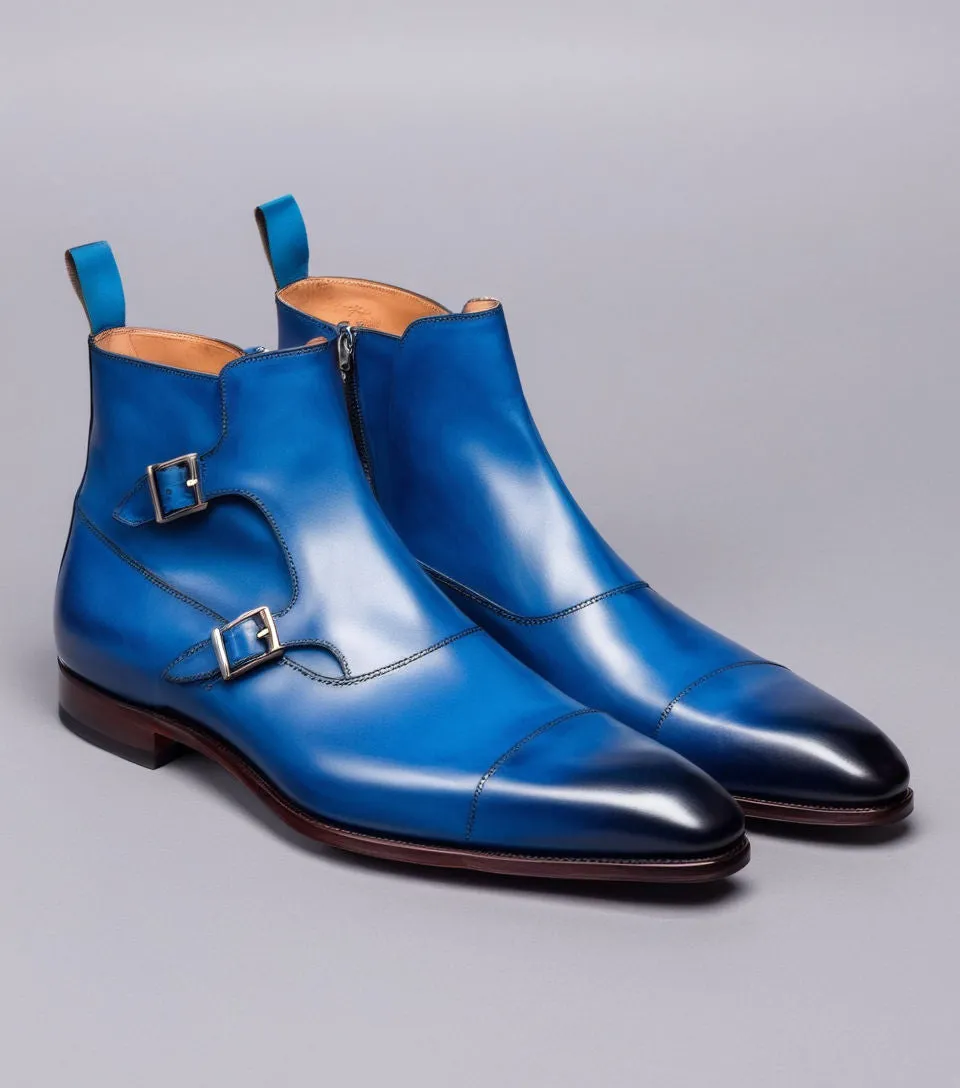 Blue Leather Bordeaux Zipper Monk Strap Boots sold by Costoso Italiano