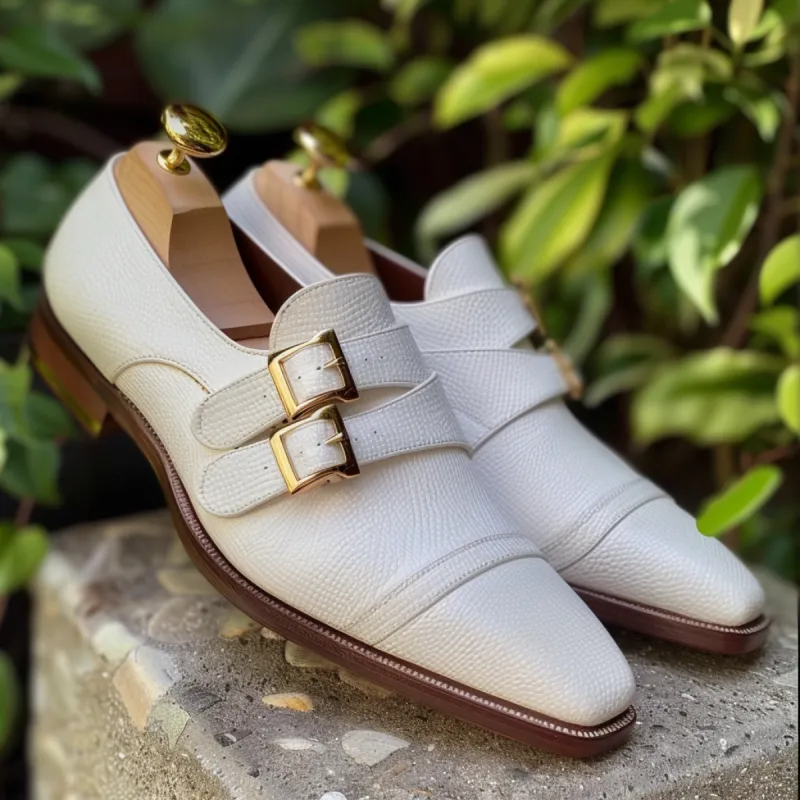 White Leather Classic Supreme Monk Straps Shoes sold by Costoso Italiano