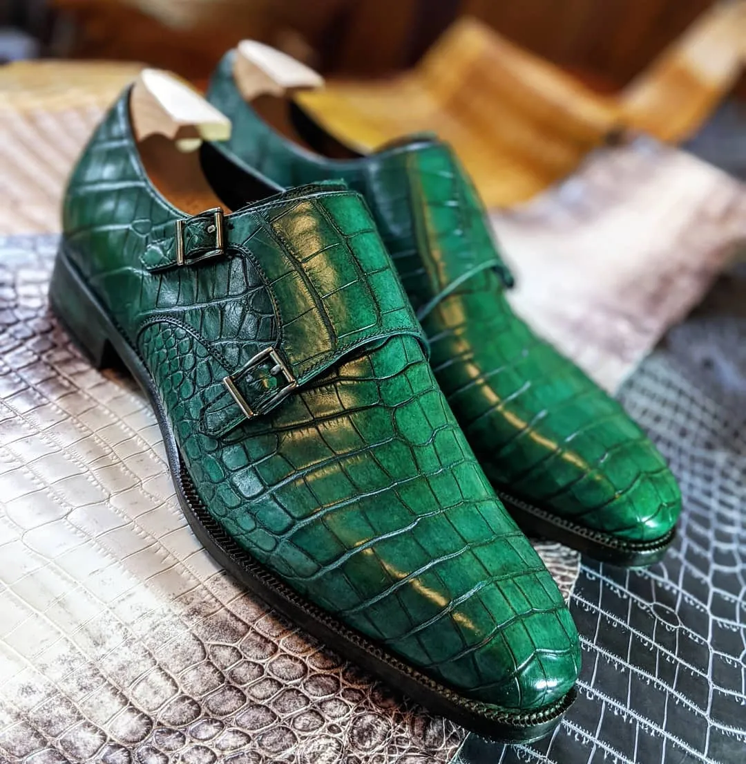 Green Crocodile Print Leather Quito Double Monk Straps - Alligator Print sold by Costoso Italiano