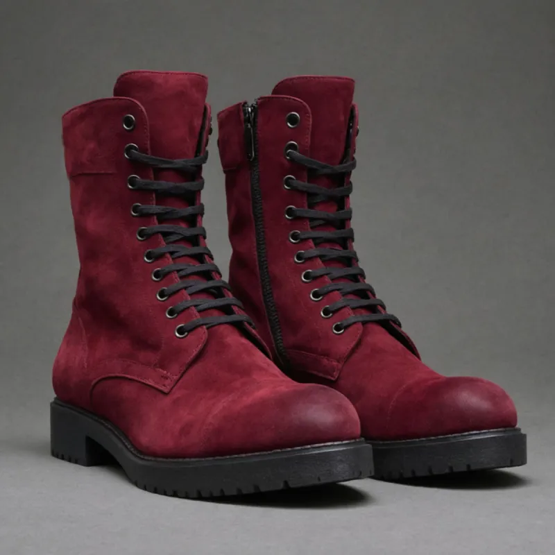 Burgundy Suede Leather Oriella Lace Up Chunky Derby Boots with Zipper and Track Sole - AW24 - Hiking and Trekking Boots sold by Costoso Italiano