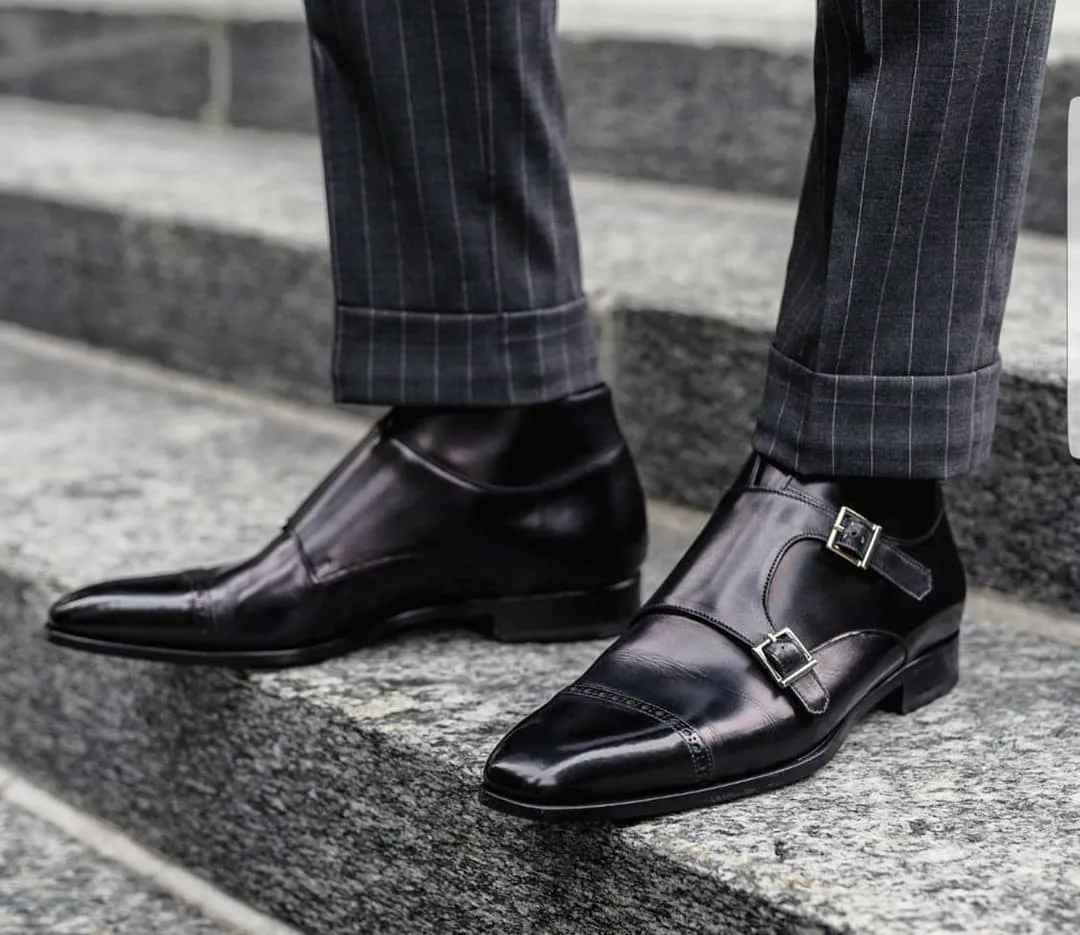 Black Leather Aveiro Brogue Monk Strap Boots sold by Costoso Italiano