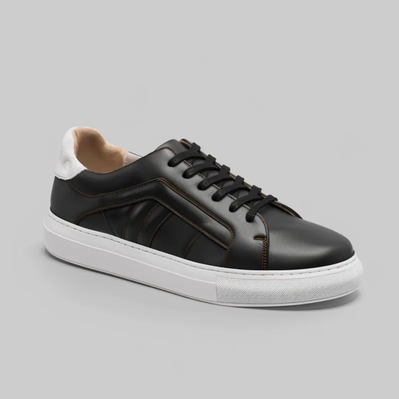 Black Leather  Lace Up Crystal Crest Sneakers  With White Sole - Summer 2024 Collection sold by Costoso Italiano
