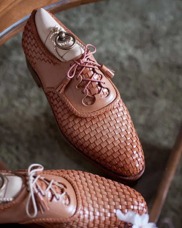 Height Increasing Tan Braided Leather Evora Brogue Oxfords - Formal Shoes sold by Costoso Italiano