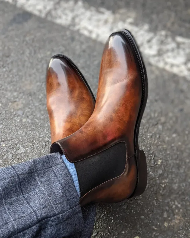 Height Increasing Tan Leather Teruel Slip On Chelsea Boots sold by Costoso Italiano