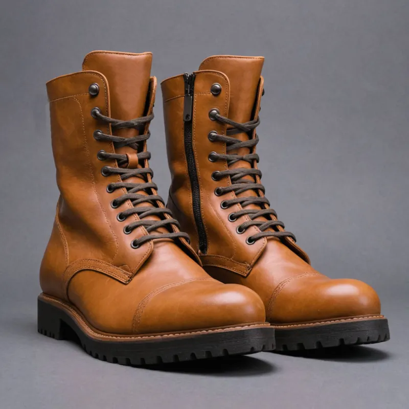 Tan Leather Oriella Lace Up Chunky Derby Boots with Zipper and Track Sole - AW24 - Hiking and Trekking Boots sold by Costoso Italiano