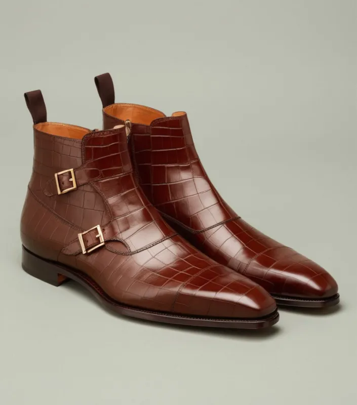 Brown Croc Print Leather  Bordeaux Zipper Monk Strap Boots sold by Costoso Italiano