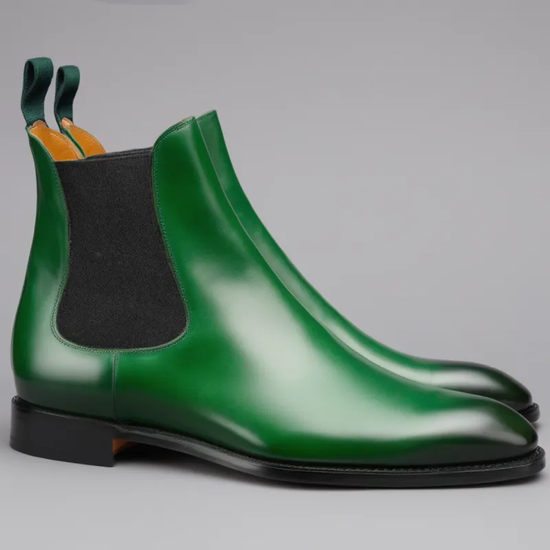 Flat Feet Shoes - Green Leather Fenland Slip On Chelsea Boots with Arch Support sold by Costoso Italiano