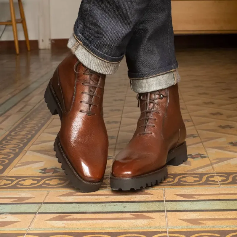 Height Increasing Tan Leather Barrett Chunky Hiking Lace Up Boots sold by Costoso Italiano