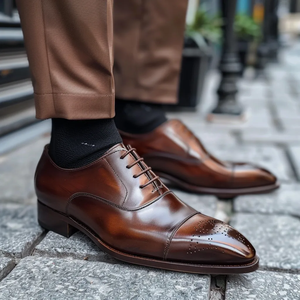 Brown Leather Pointed Toe Cap Lace Up Brogue Oxford Derby - Summer 2024 Collection sold by Costoso Italiano