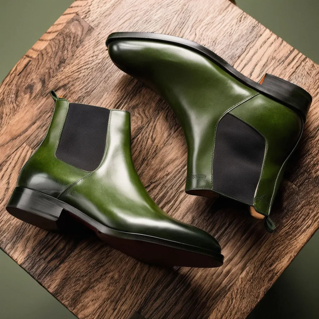 Green Leather Seville Slip On Chelsea Boots sold by Costoso Italiano