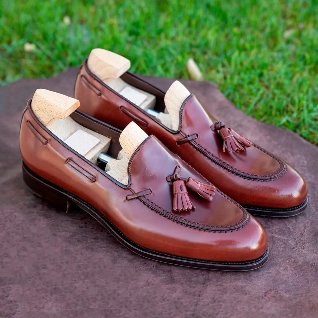 Height Increasing Tan Leather Carmona Tassel Loafers sold by Costoso Italiano