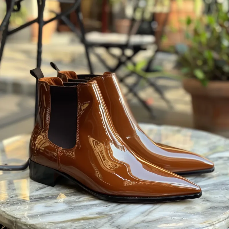 Brown Patent Leather Bernardino Slip On Pointed Chelsea Boots sold by Costoso Italiano