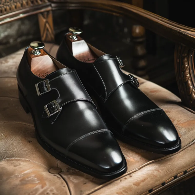 Black Leather Diamond Monk Strap Shoes - SUMMER 2024 COLLECTION sold by Costoso Italiano