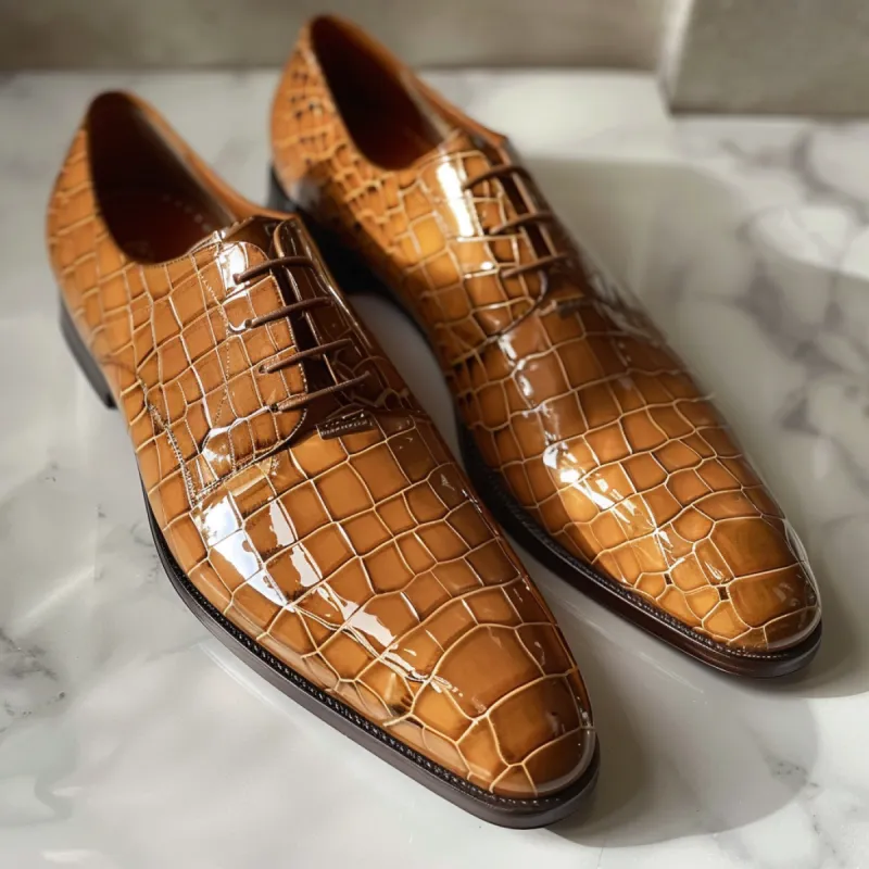 Mattia Tan Leather Croc Print Oxford sold by Costoso Italiano