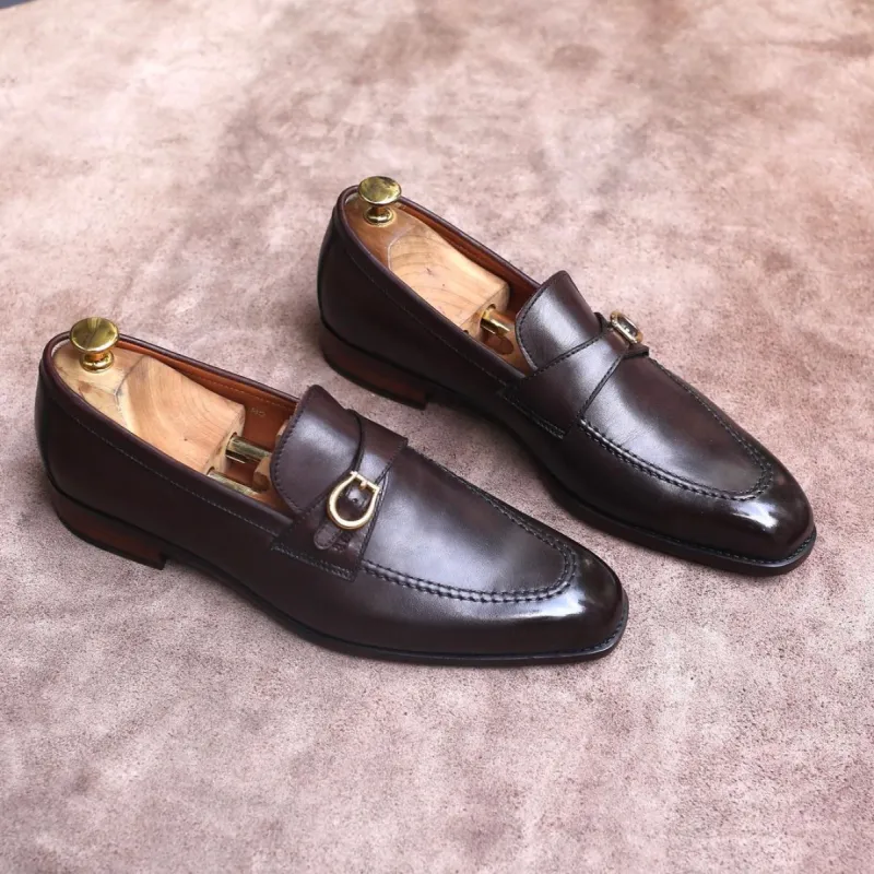 Brown Leather Benalla Slip On Buckle Loafers sold by Costoso Italiano
