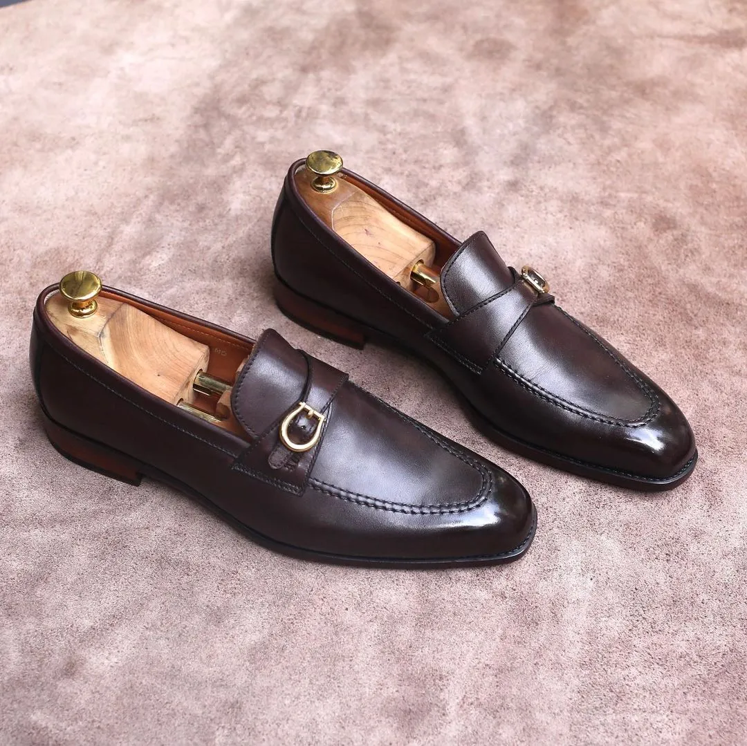 Brown Leather Benalla Slip On Buckle Loafers sold by Costoso Italiano