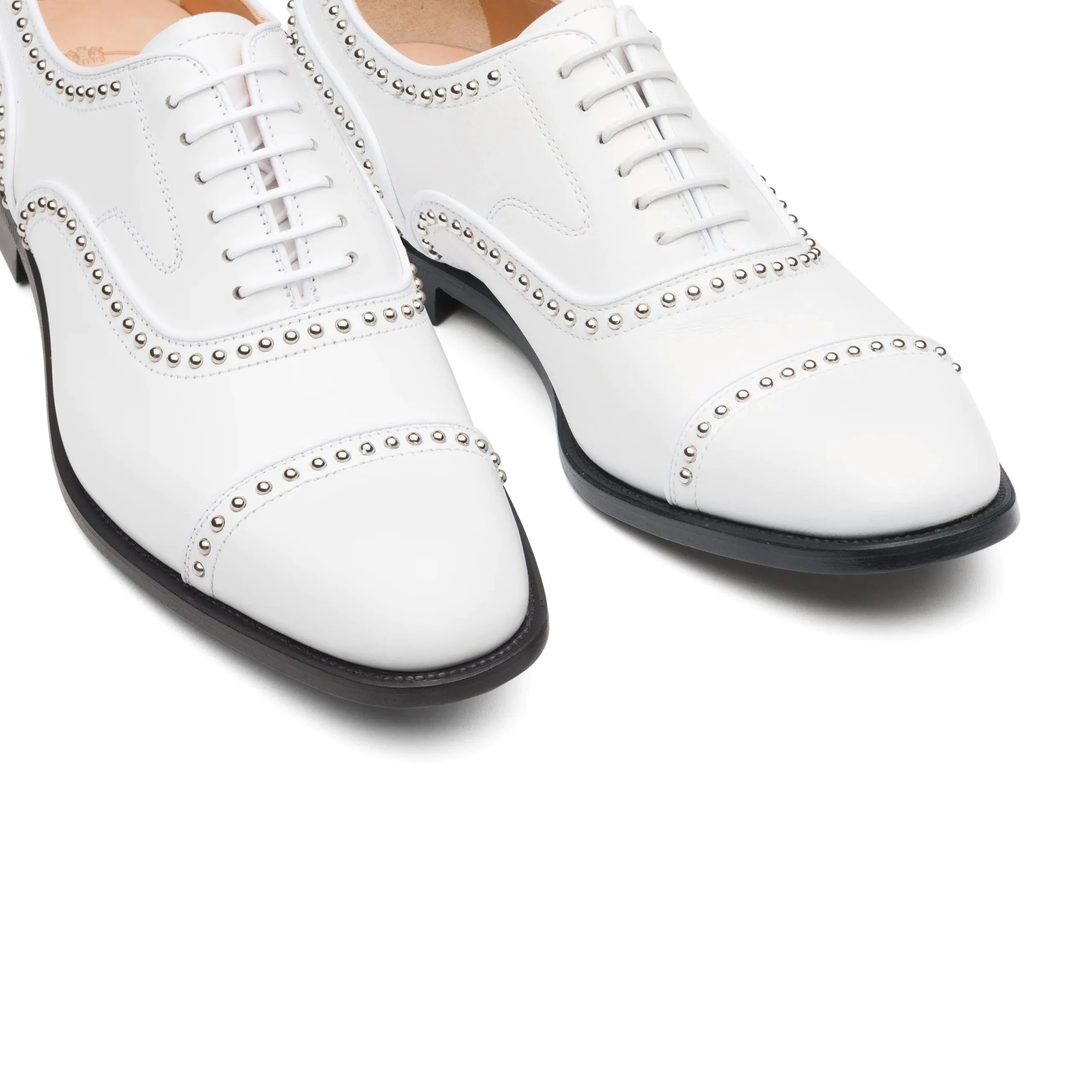 White Leather Spike Studded Tilomar Toe Cap Lace Up Oxfords - Summer 2024 Collection sold by Costoso Italiano