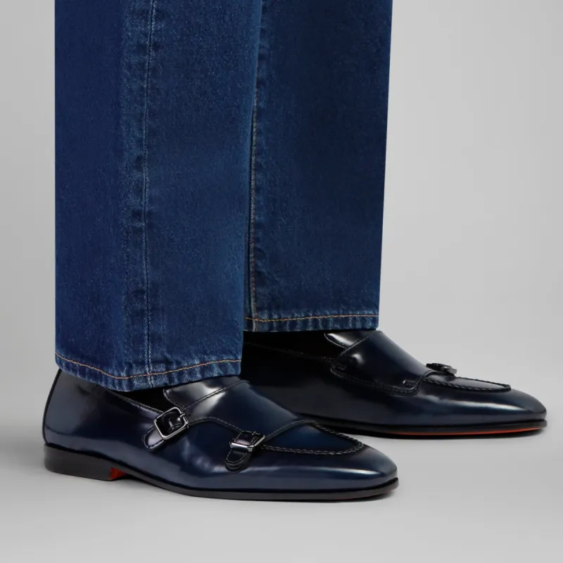 Blue Leather Illusione Buckle Monk Strap Shoe sold by Costoso Italiano