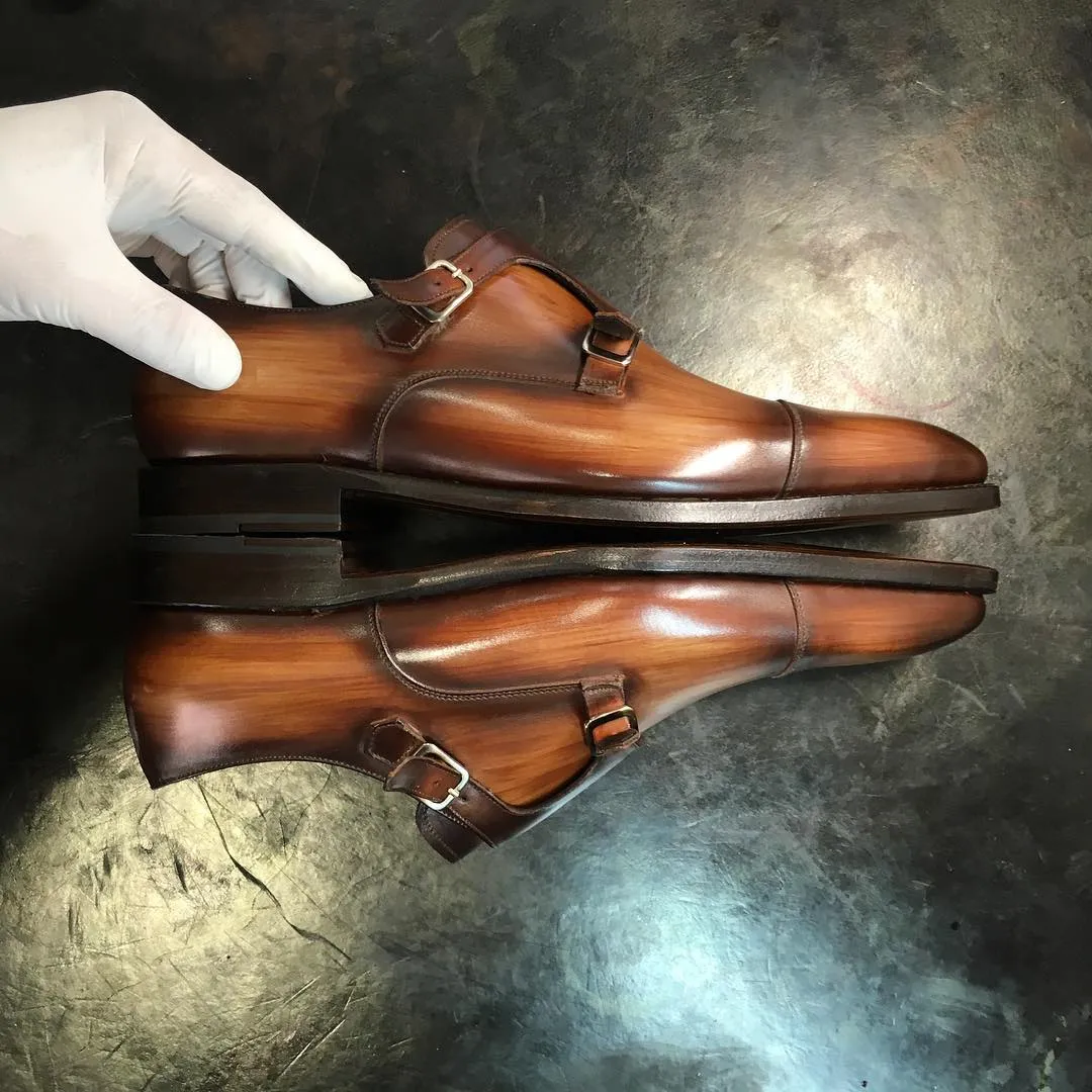 Tan Leather Aubonne Double Toe Cap Monk Straps sold by Costoso Italiano